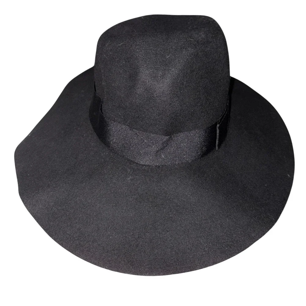 Brixton Black Wool Felt Wide Brim Fedora Hat Small 7 56cm Grosgrain Ribbon Band